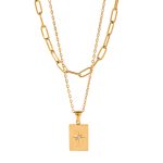 Stainless steel star square pendant double layered necklace
