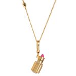 Enamel glazed diamond studded metal letters Barbie pink lipstick rotatable pendant necklace