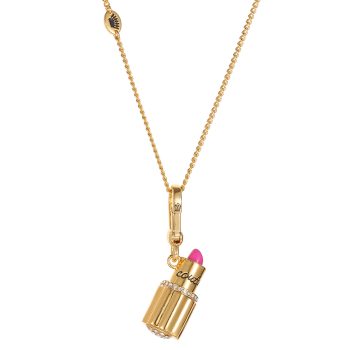 Enamel glazed diamond studded metal letters Barbie pink lipstick rotatable pendant necklace