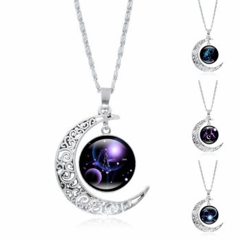 Zodiac Time Gem Luminous Necklace for Women, Simple Silver Moon Pendant Choker