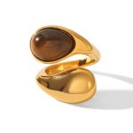 Waterdrop shaped stainless steel inlaid tiger eye stone ring