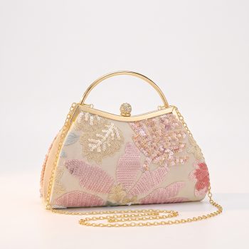 Luxury Full Rhinestone Trapezoid Dinner Bag with Gold Top Handle | Pink Evening Clutch