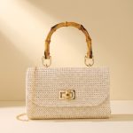 Beige Woven Bamboo Handle Handbag - Vintage Top Handle Satchel with Detachable Strap